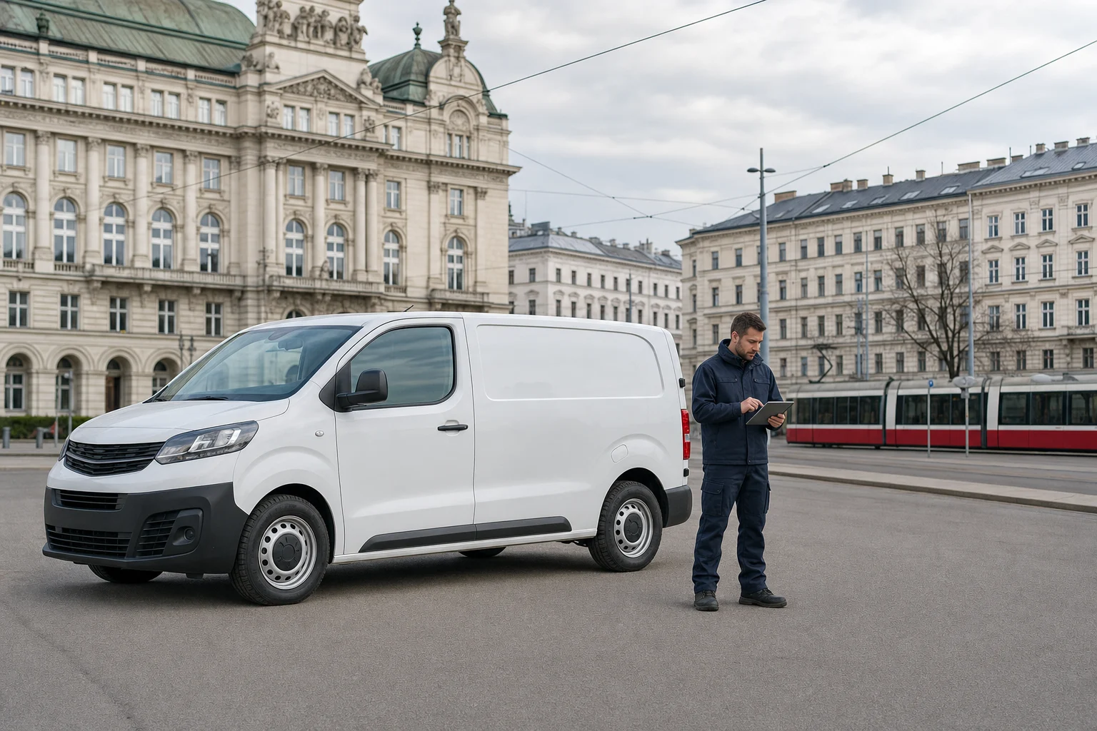 Techniker mit Tablet neben einem weißen Transporter in Wien