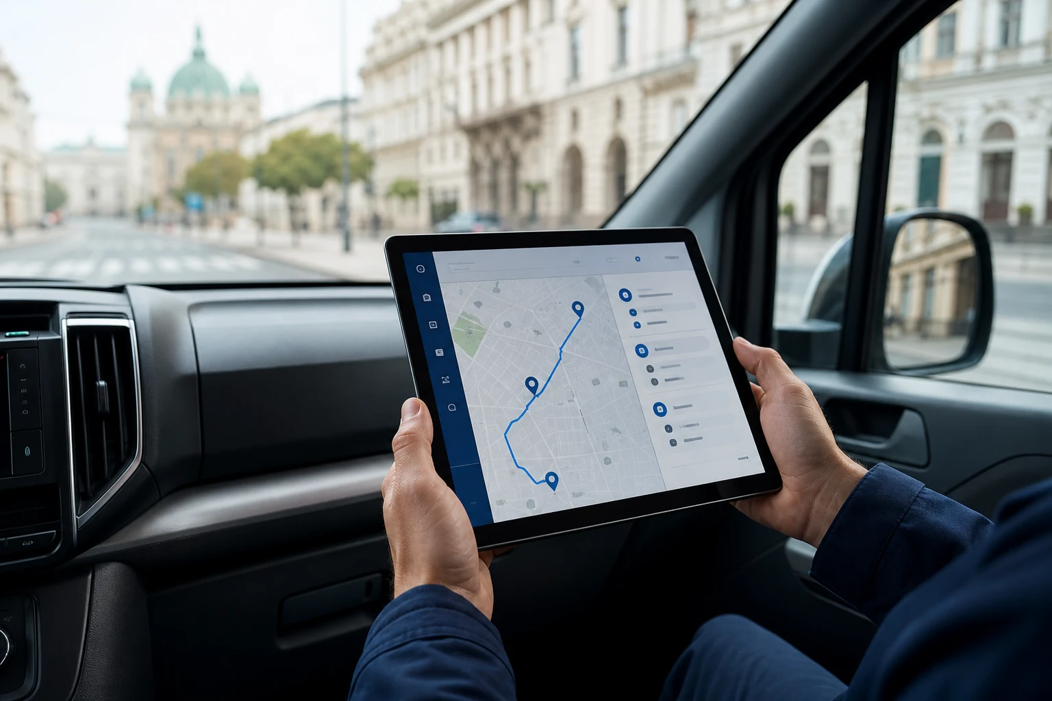 Digitales Fahrtenbuch mit Kartenroute und Fahrtenübersicht auf einem Tablet im Firmenfahrzeug