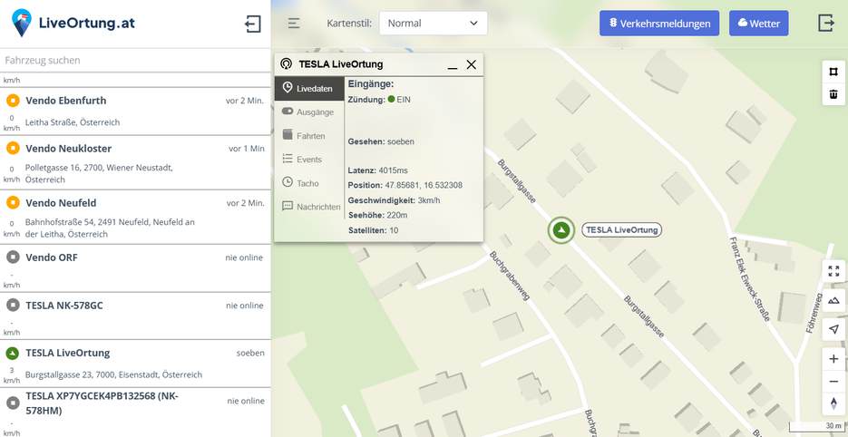 LiveOrtung-Plattform mit Fahrzeugliste, Live-Daten und Kartenansicht