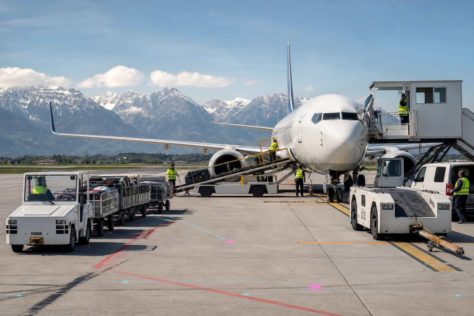 Konzeptvisualisierung von Ground-Handling-Fahrzeugen auf einem Flughafenvorfeld