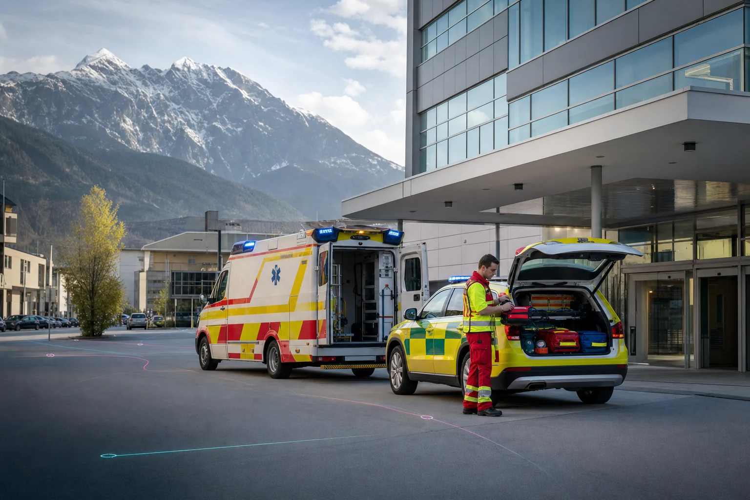 Konzeptvisualisierung koordinierter Rettungs- und Notarztfahrzeuge vor einem Krankenhaus