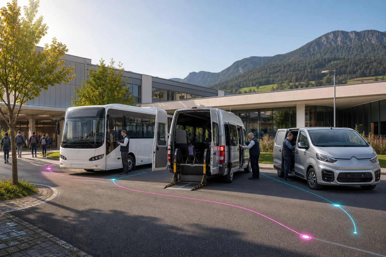Konzeptvisualisierung von Schulbus, barrierefreiem Shuttle und Campusfahrzeug