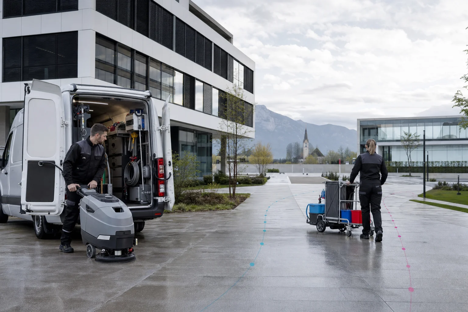 Konzeptvisualisierung eines Reinigungs- und Facility-Teams mit Servicefahrzeug