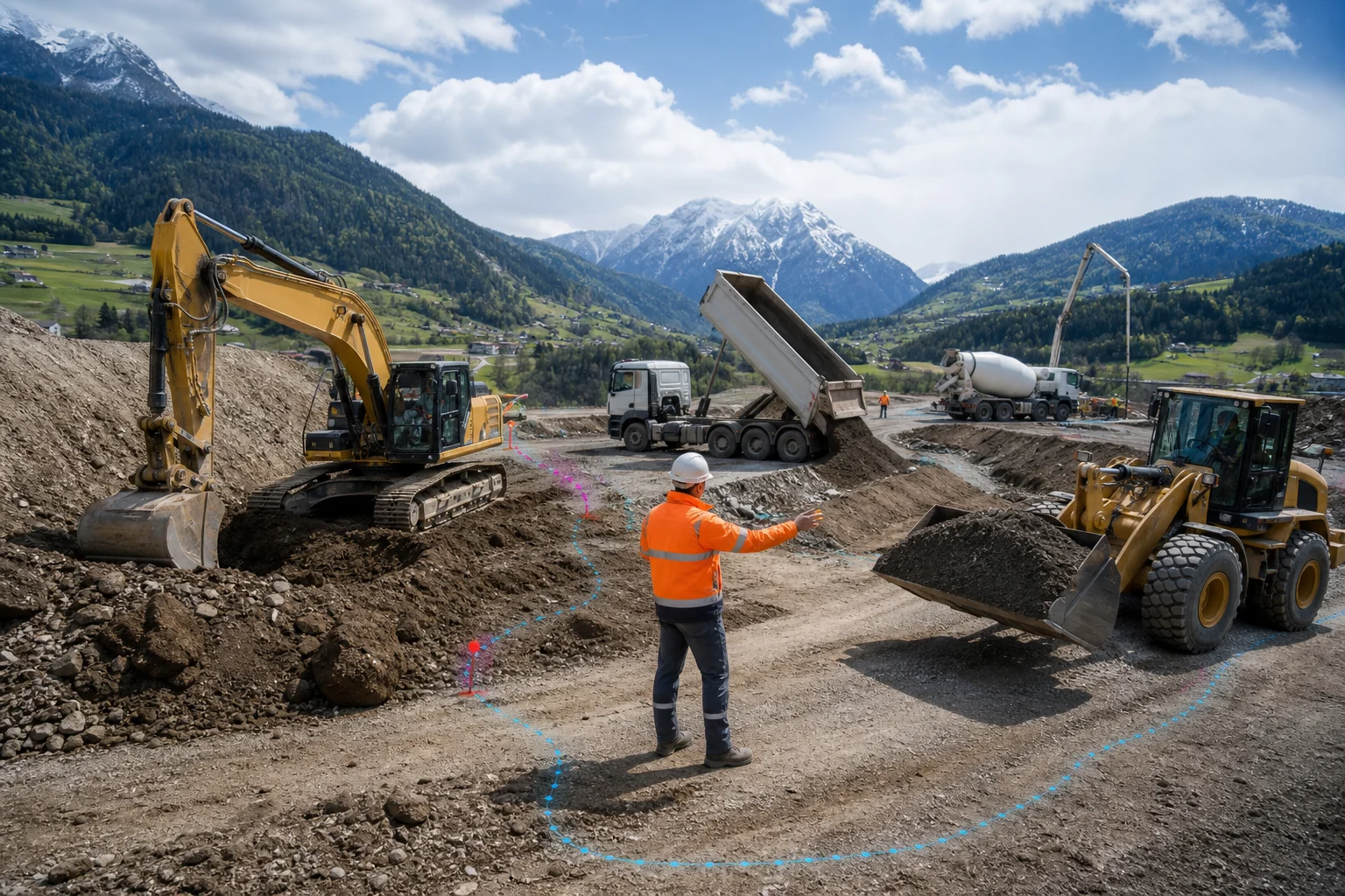 Konzeptvisualisierung vernetzter Baumaschinen, Kipper und Betonfahrzeuge auf einer Baustelle