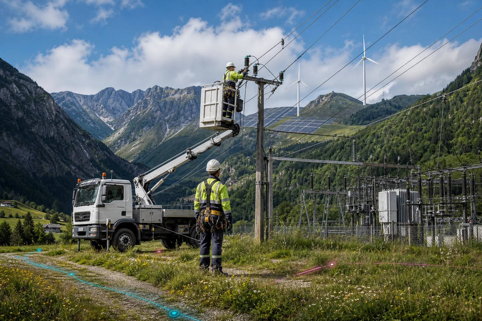 Konzeptvisualisierung eines Energie- und Netzentstörungsteams im alpinen Raum