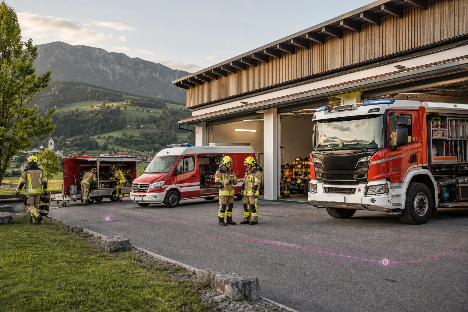 Konzeptvisualisierung einer Feuerwehrflotte bei einer Bereitschaftsübung