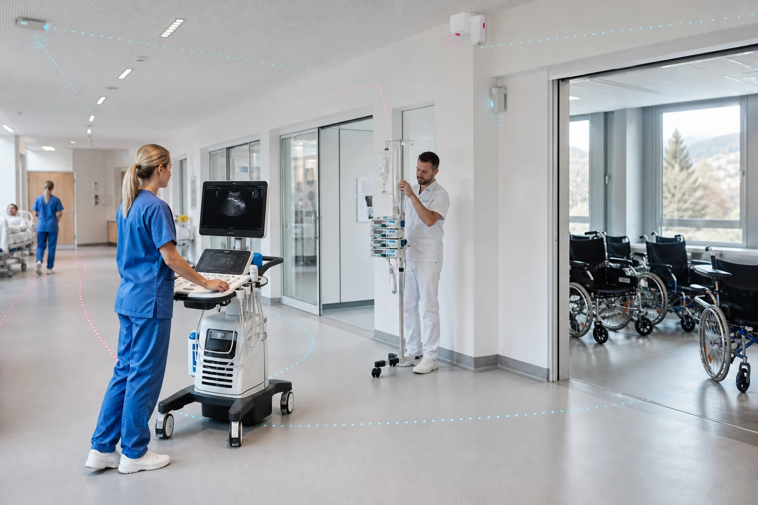 Konzeptvisualisierung der Indoor-Ortung medizinischer Geräte in einem hellen Krankenhaus