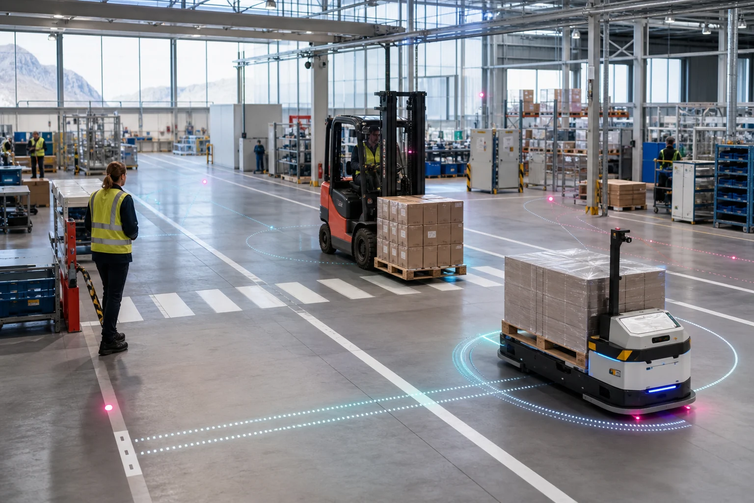 Konzeptvisualisierung von RTLS-Materialfluss und Kollisionswarnung in einer Produktionshalle