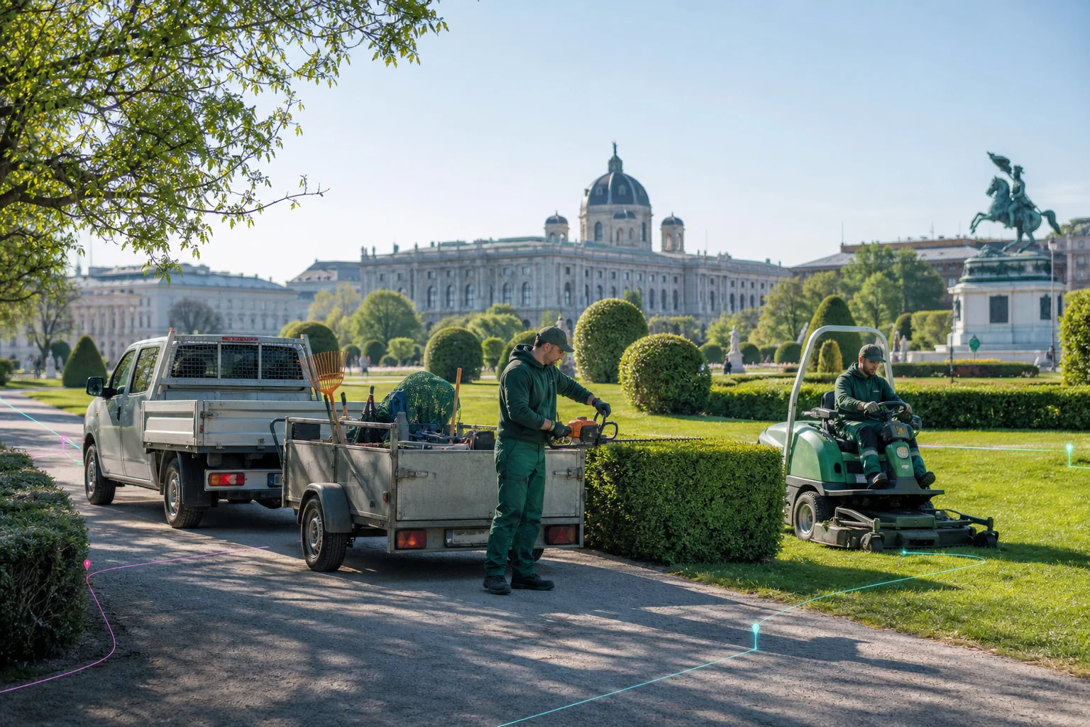Konzeptvisualisierung einer Grünpflegeflotte mit Mäher, Anhänger und Servicefahrzeug