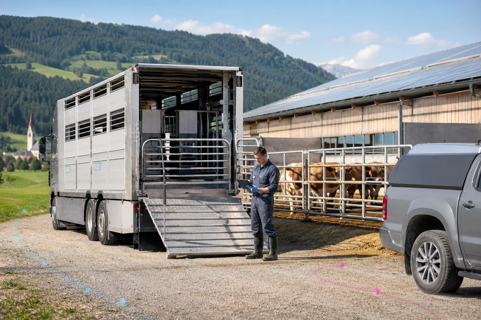Konzeptvisualisierung eines Tiertransports mit Veterinärfahrzeug auf einem österreichischen Hof