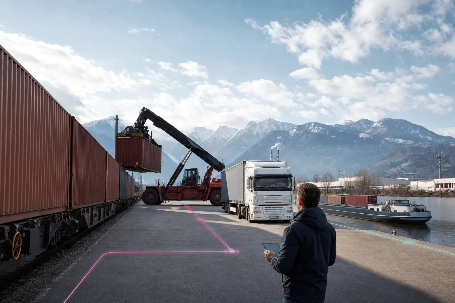Konzeptvisualisierung einer multimodalen Transportkette aus Bahn, Lkw, Container und Binnenschiff