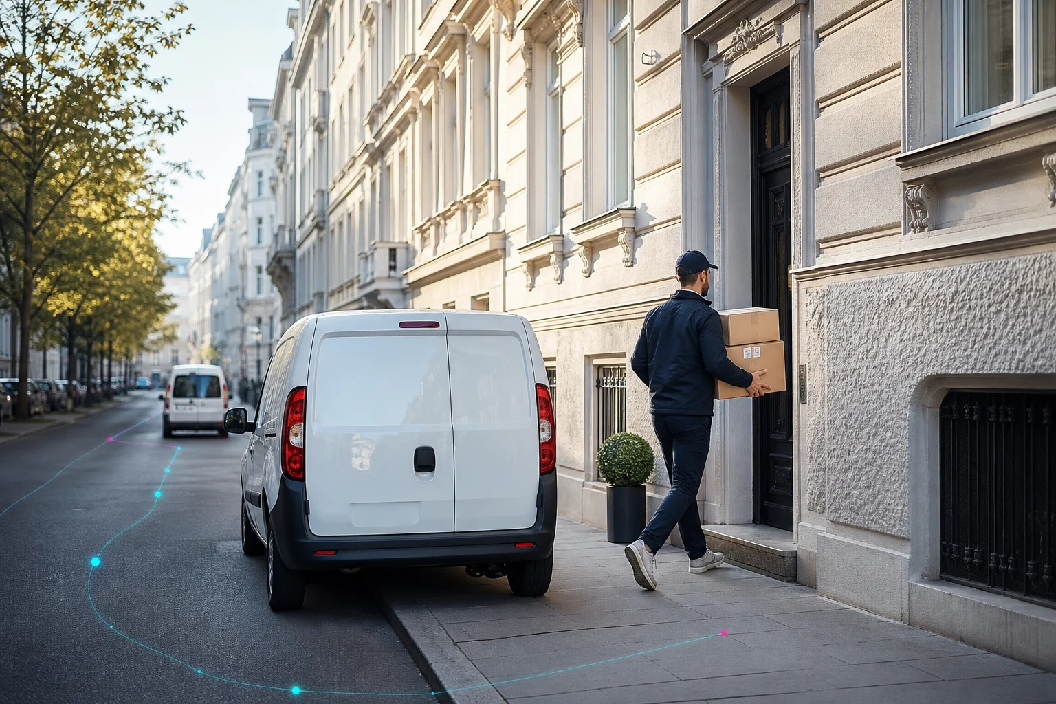 Konzeptvisualisierung einer Paket- und KEP-Zustellung in einer österreichischen Stadt