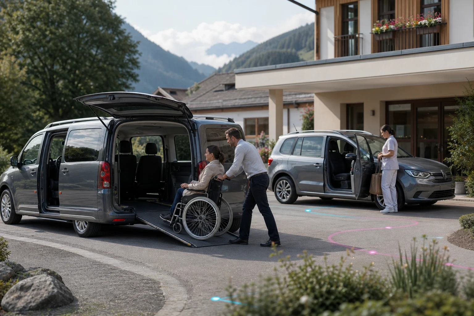 Konzeptvisualisierung eines barrierefreien Fahrtendienstes und mobiler Pflegefahrzeuge
