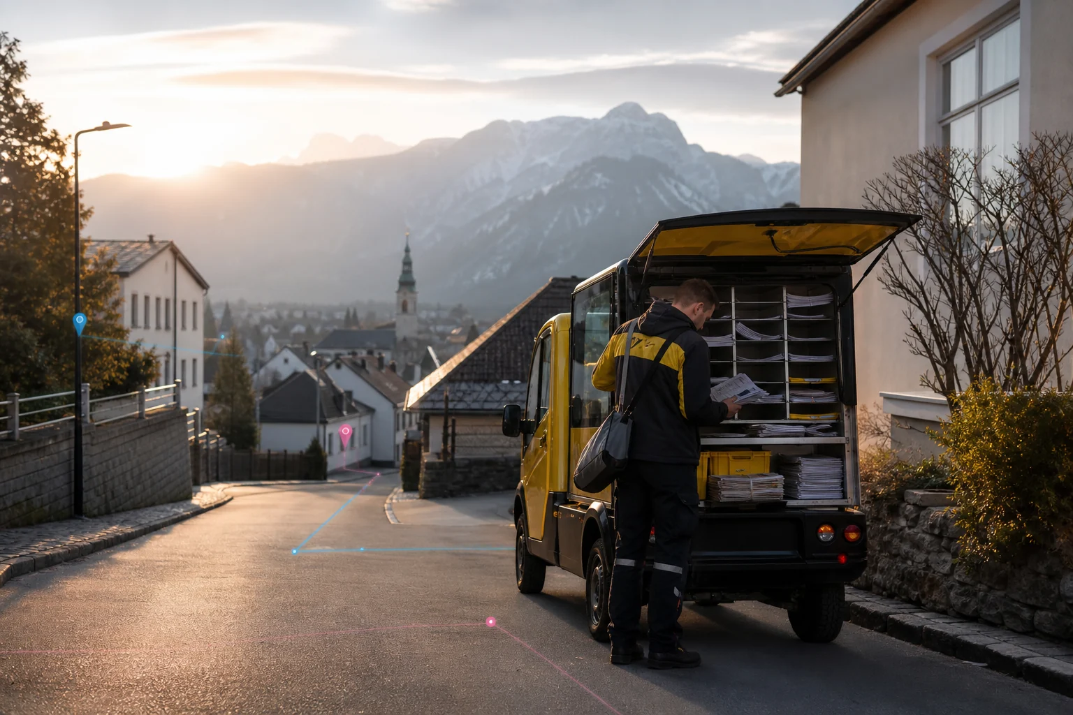 Konzeptvisualisierung einer Brief-, Post- und Medienzustellung am frühen Morgen