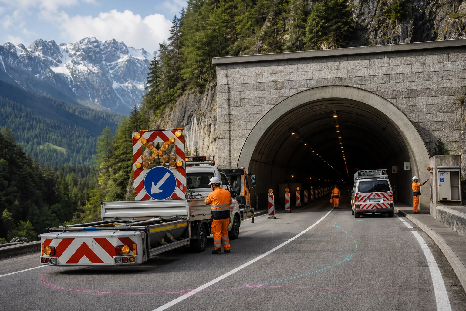 Konzeptvisualisierung einer Straßen- und Tunnelserviceflotte bei einer abgesicherten Arbeitsstelle