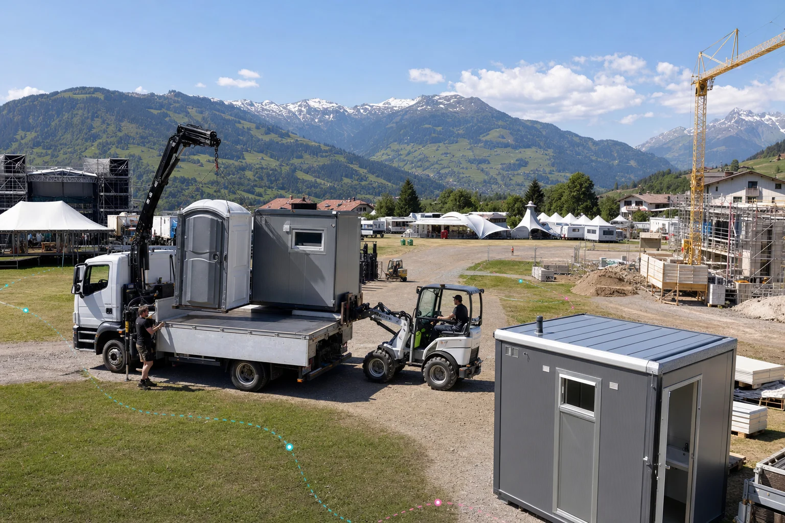 Konzeptvisualisierung der Auslieferung mobiler Sanitäranlagen und Container