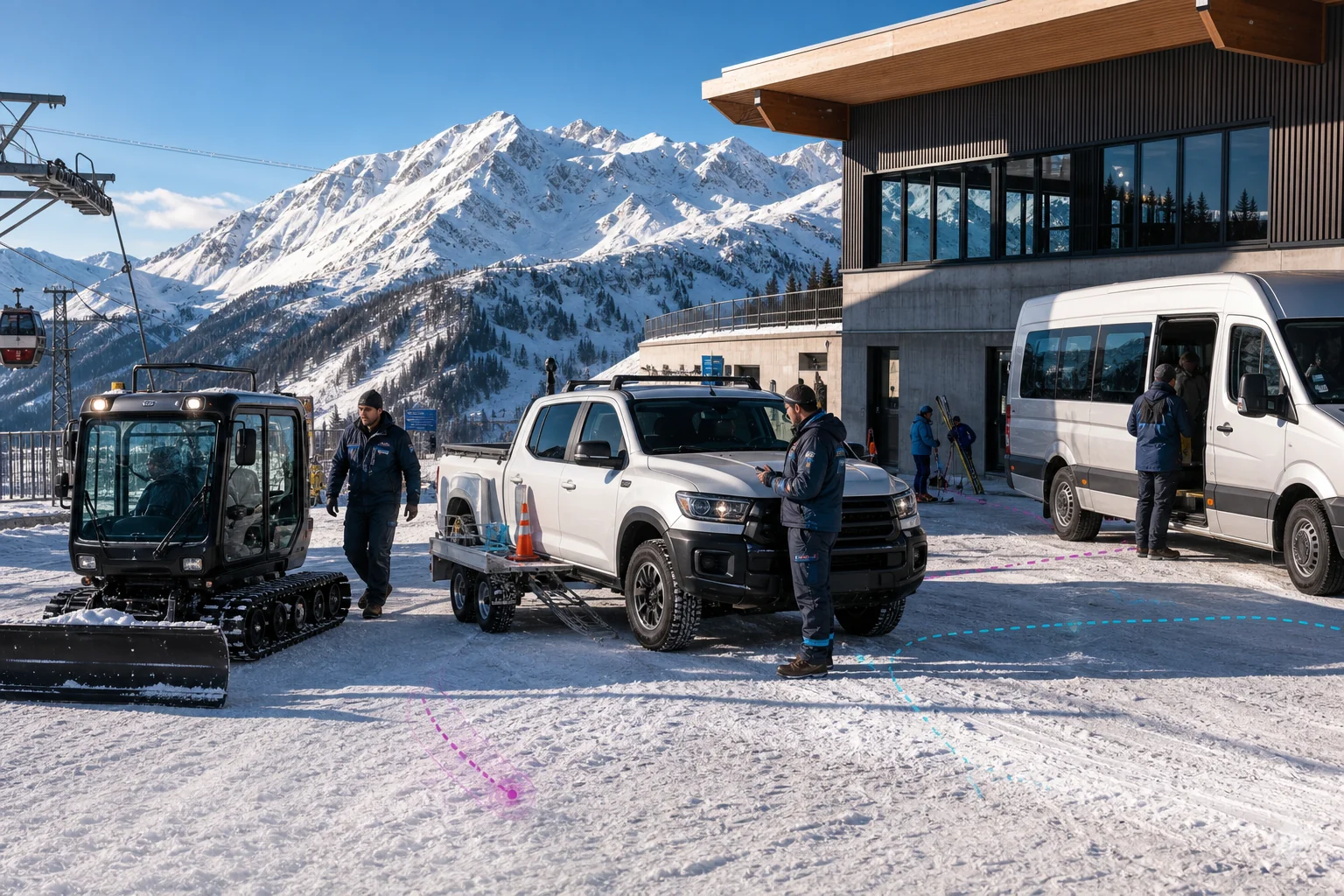 Konzeptvisualisierung von Service-, Shuttle- und Betriebsfahrzeugen in einem österreichischen Skigebiet