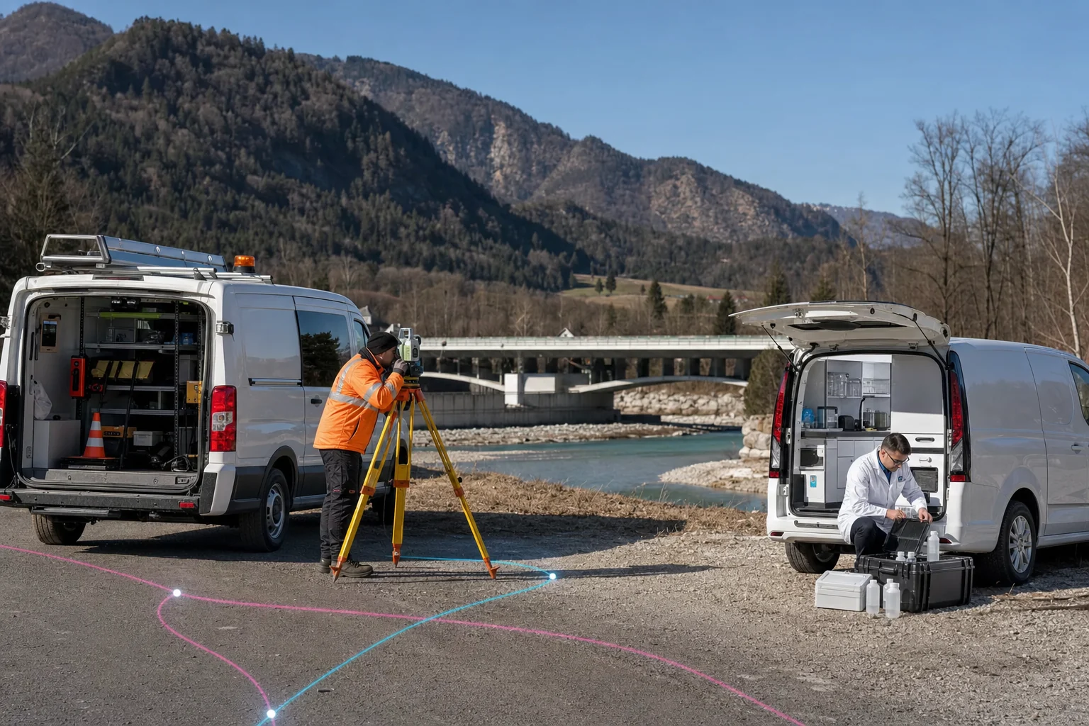 Konzeptvisualisierung von Vermessungs- und mobilen Laborfahrzeugen im Außeneinsatz