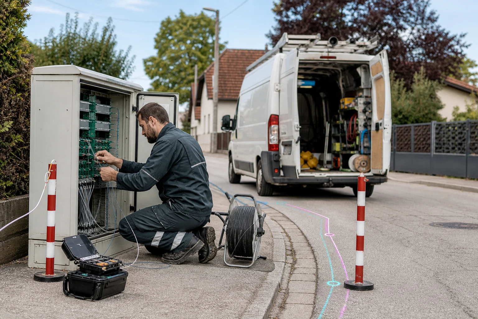 Konzeptvisualisierung eines Glasfasertechnikers mit Telekom-Servicefahrzeug