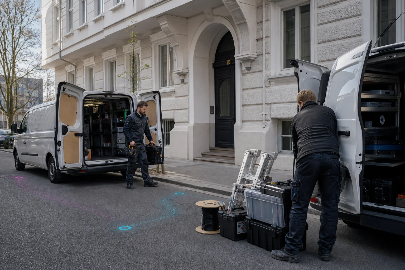 Konzeptvisualisierung von Handwerkern beim Ausladen von Werkzeug und Montagematerial