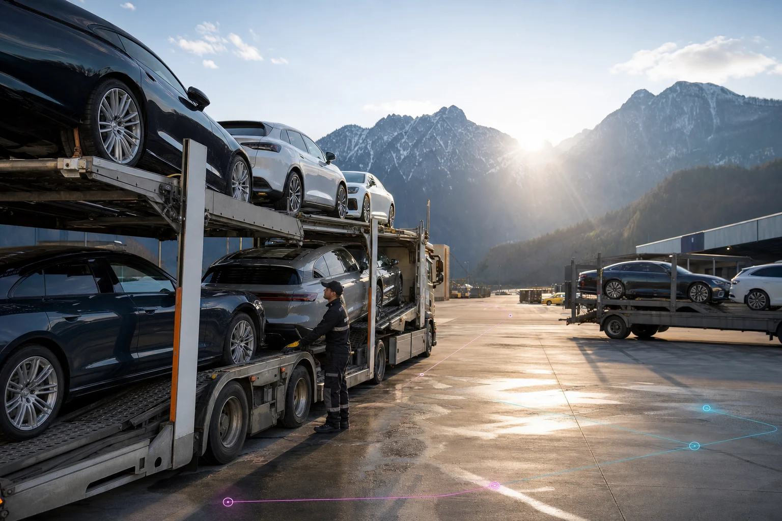 Konzeptvisualisierung von Fahrzeugtransportern auf einem Logistikplatz