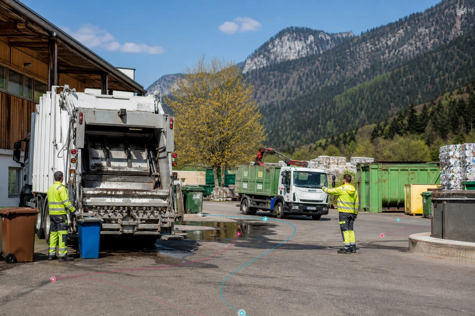 Konzeptvisualisierung von Abfall-, Recycling- und Containerfahrzeugen in einem Betriebshof