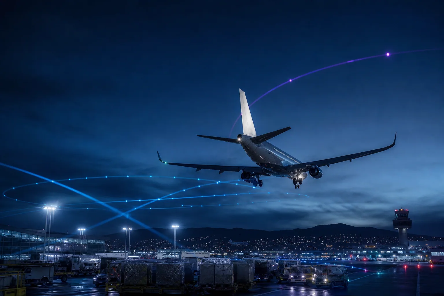Konzeptvisualisierung eines Flugzeugs mit Flugdatenbezug über einem Flughafen