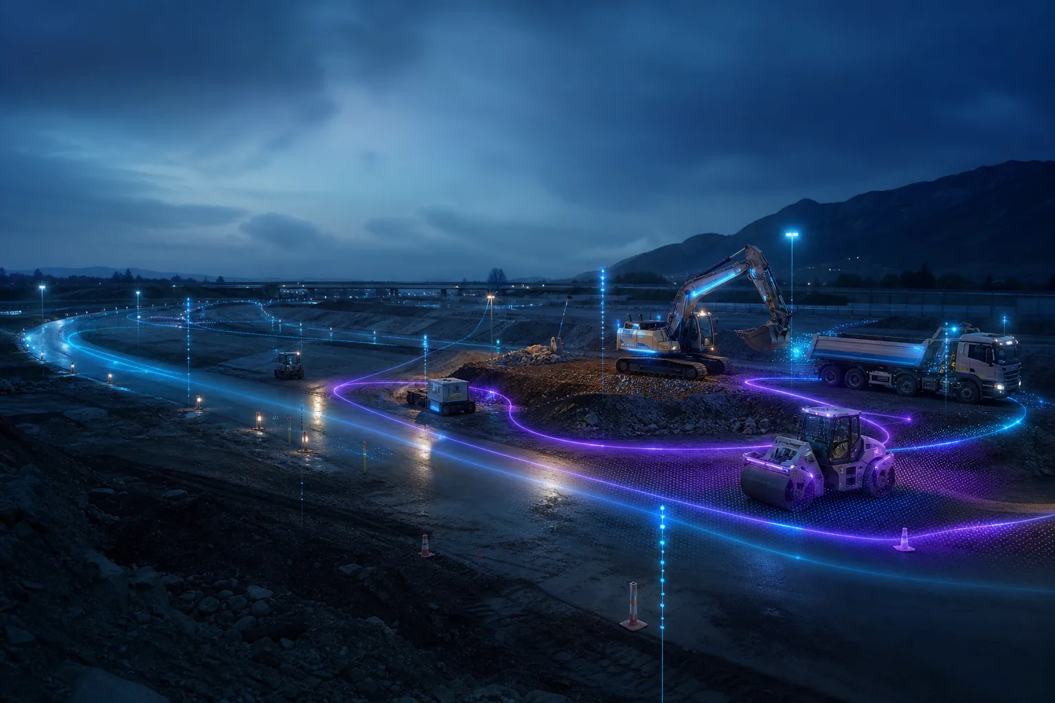 Konzeptvisualisierung vernetzter Baumaschinen und Nutzfahrzeuge auf einer Baustelle
