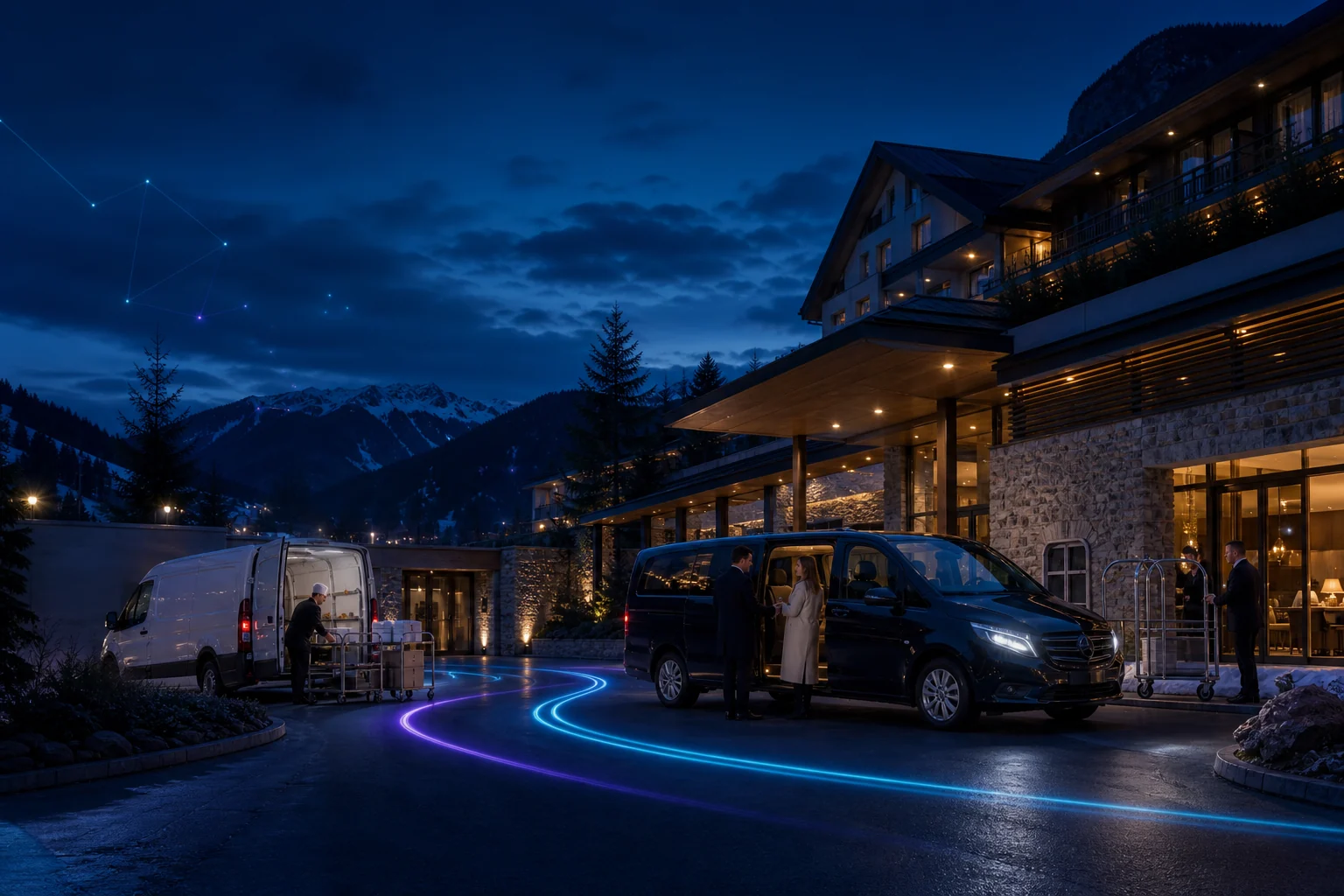 Hotelshuttle und Cateringfahrzeug vor einem österreichischen Alpenhotel am Abend