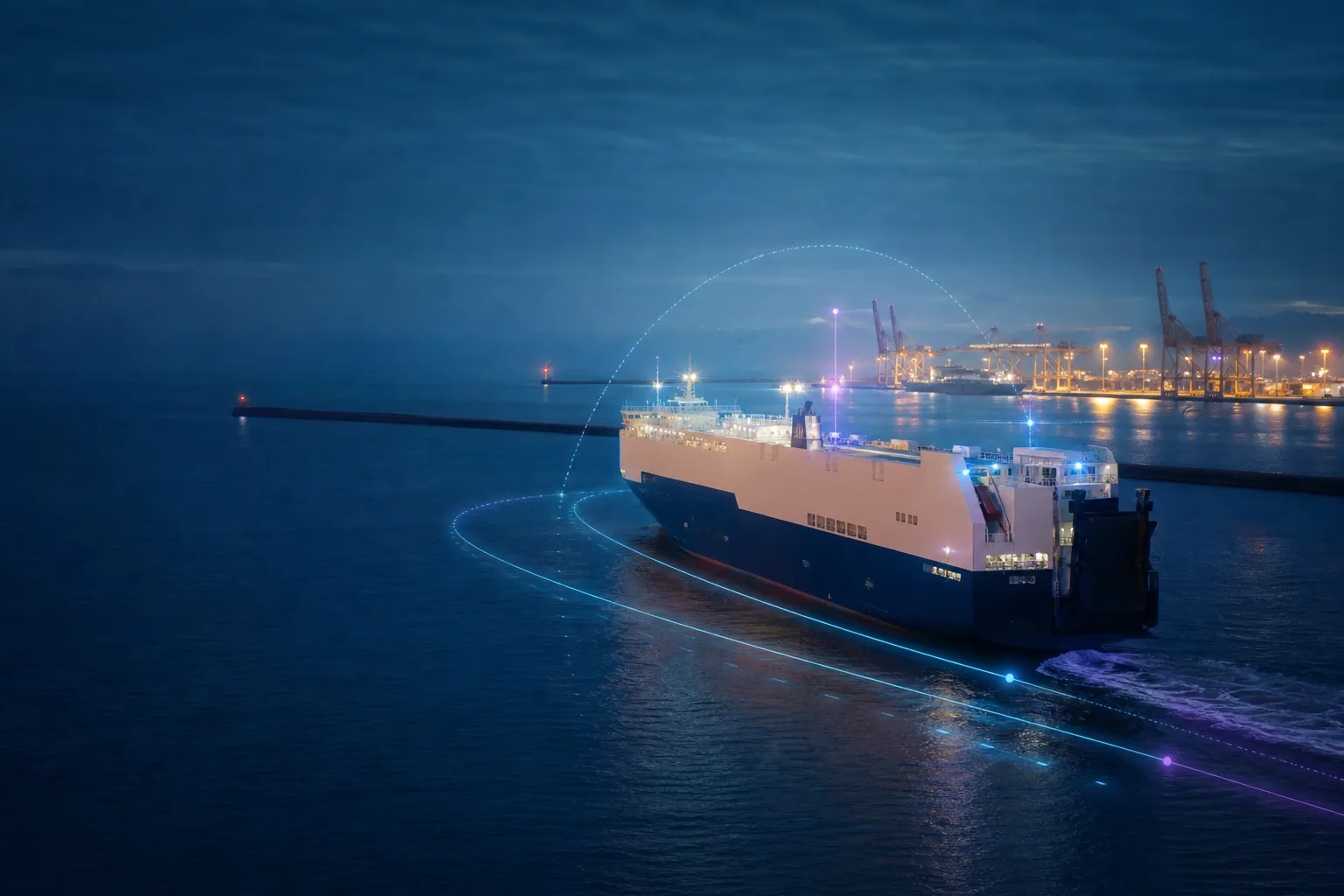 Konzeptvisualisierung eines Frachtschiffs mit AIS-Datenbezug vor einem Hafen